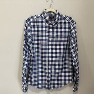 Untuckit Mens Medium Blue Plaid Button Up Wrinkle Free Slim Fit Long Sleeve EUC